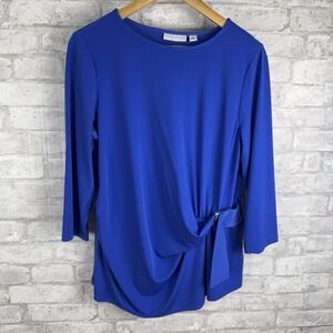 Susan Graver Liquid Knit Popover Top Sapphire Blue 3/4 Sleeve Ruched‎ Side Large